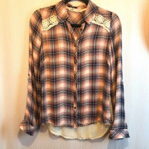 Jolt HiLo Blouse Plaid and Lace Top with a Sheer Back Size Medium
